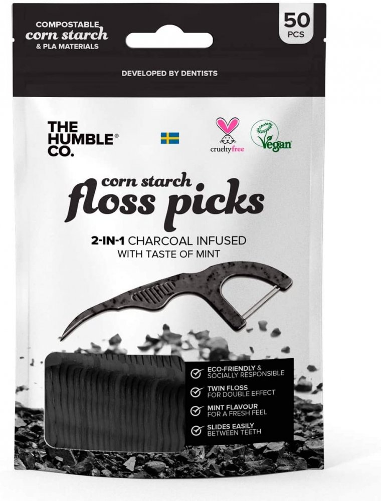 Humble Floss picks BLACK dentální mečíky s aktivním uhlím (mint), 50ks