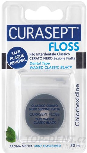 Curasept Floss Black voskovaná zubní nit s CHX (mint), 50 ks