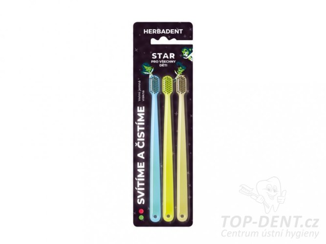 Herbadent STAR Dětský svítící zubní kartáček, velmi jemné vlákno, 3 ks