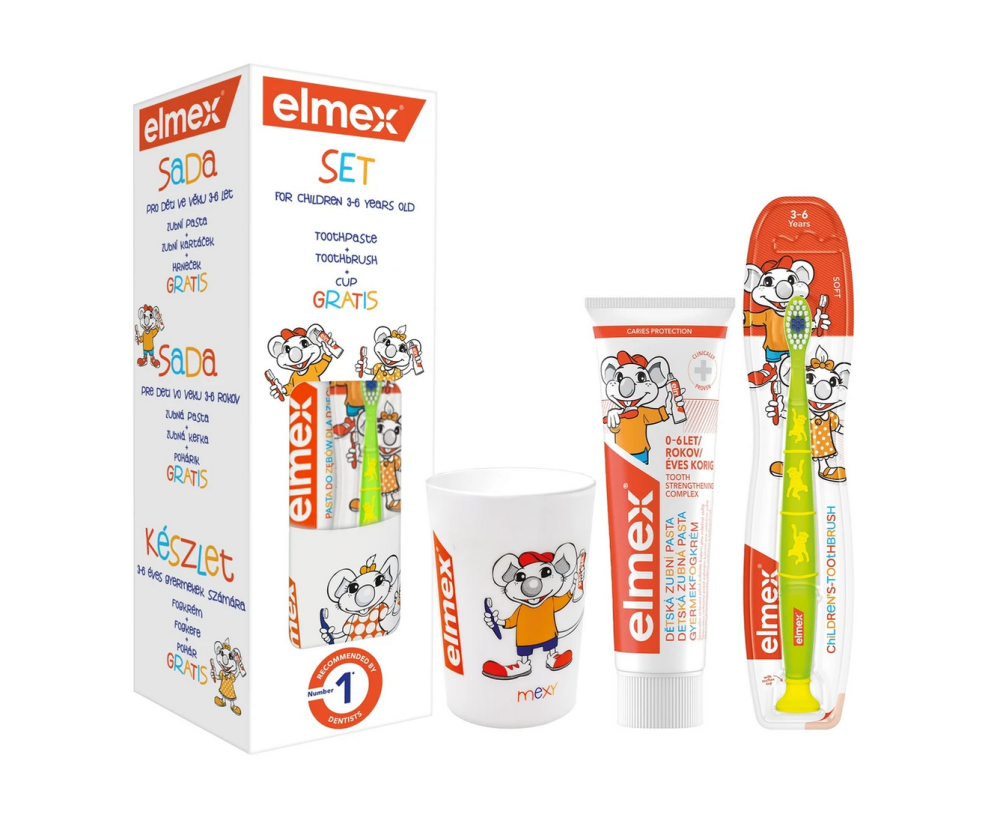 Elmex Kids sada, zubní pasta+kartáček+kelímek